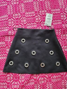 Zara Black A-Line Mini Skirt with Silver Eyelet Rings